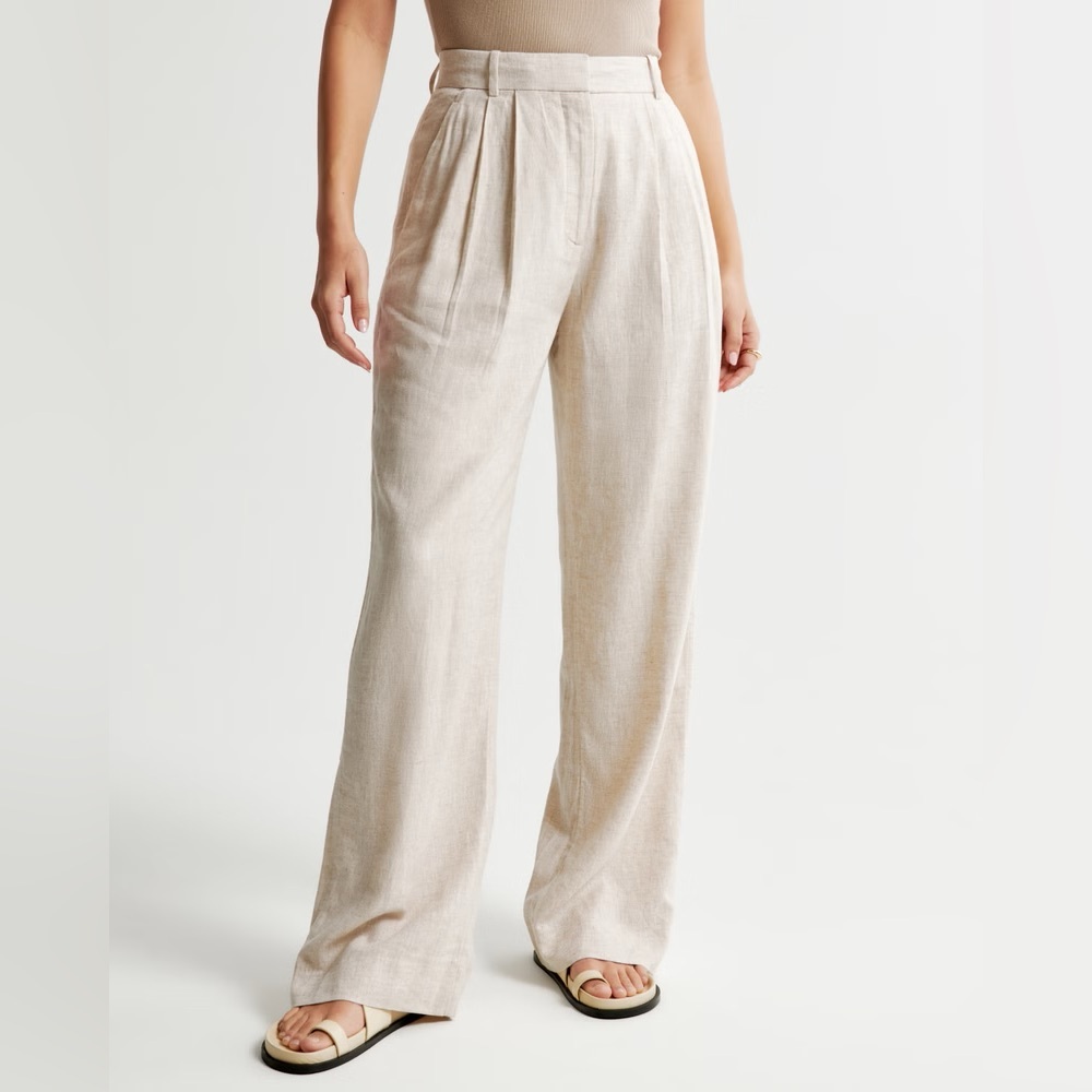 Abercrombie & Fitch Wide Leg Linen-Blend Pants in Light Beige